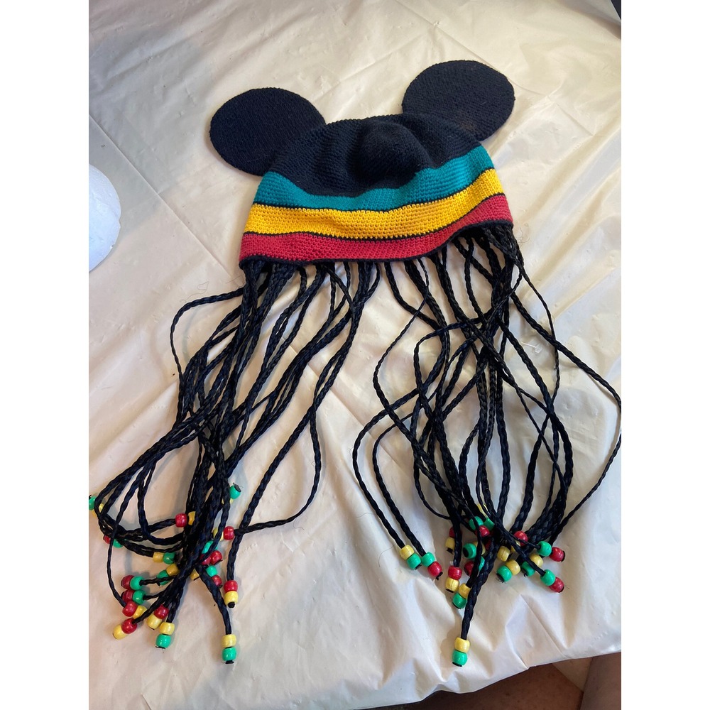 Mickey Mouse Ears‎ Jamacian Colors Knit Beanie With Braids- One Size Adults